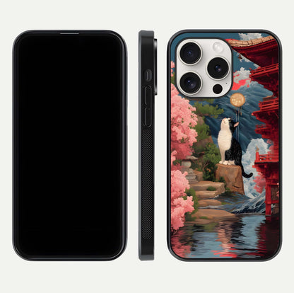Temple Cat Scenery Glass Case for iPhone 15 Pro Max front & back layout showing scenic print and edge design