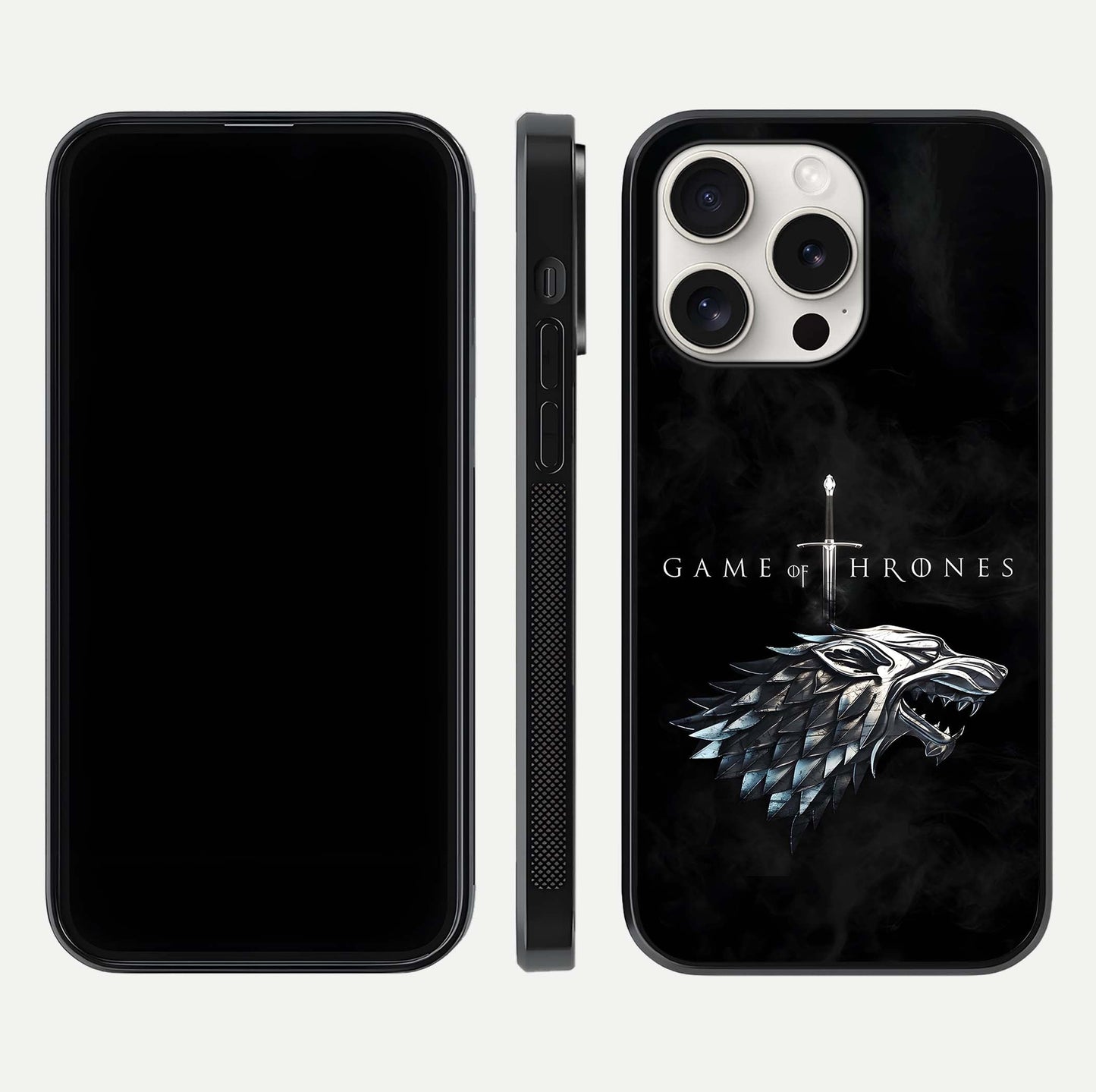 Throne Wolf Legacy Glass Case for iPhone 15 Pro Max front & back layout showing bold pattern and sharp edge