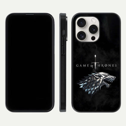 Throne Wolf Legacy Glass Case for iPhone 15 Pro Max front & back layout showing bold pattern and sharp edge