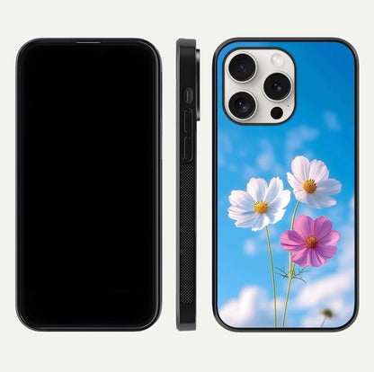 Triple Flowers With Sky Glass Case for iPhone 15 Pro Max front & back layout showing vivid tones and glossy surface