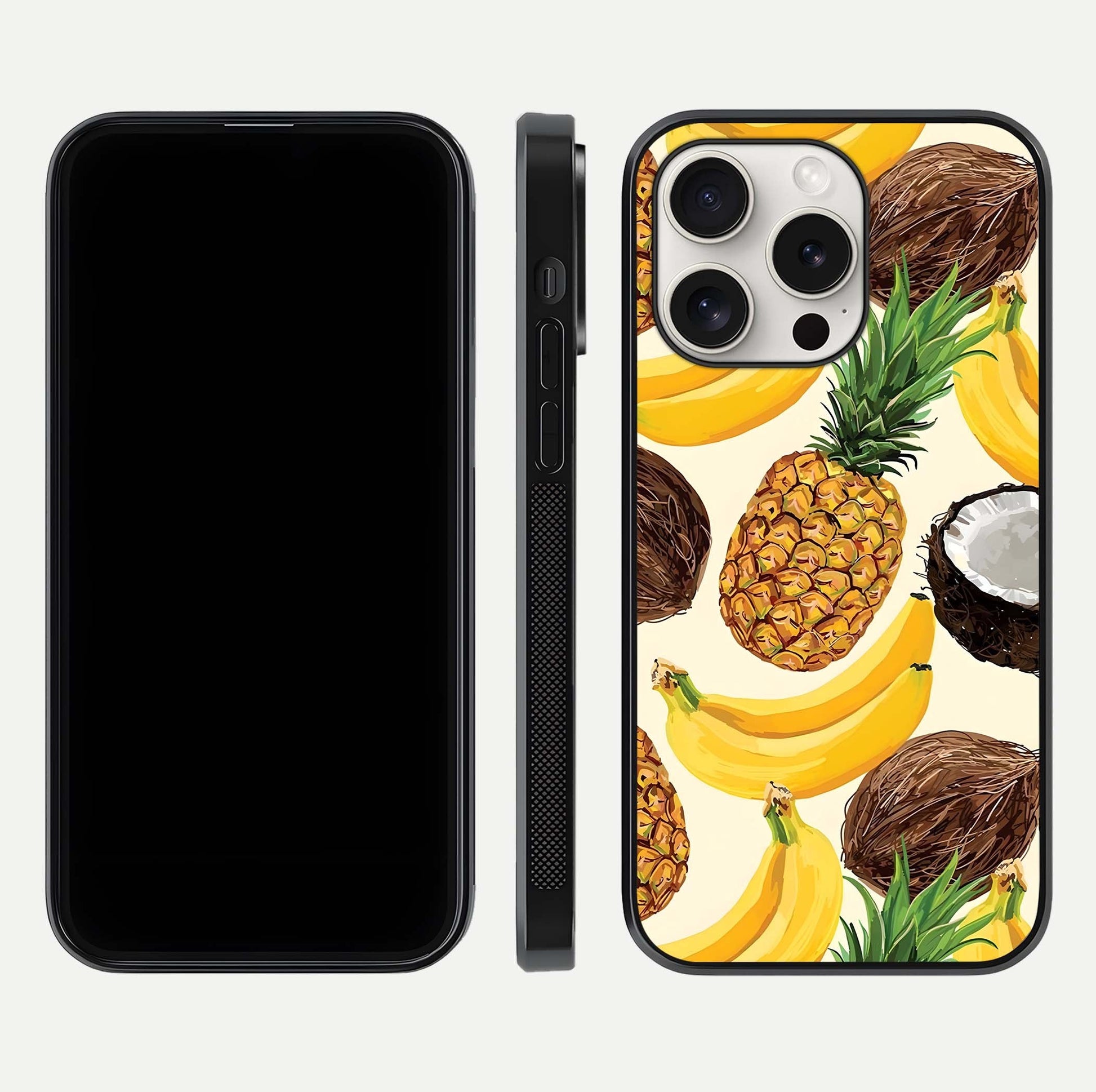 Tropical Fruit Mood Glass Case for iPhone 15 Pro Max front & back layout showing playful tones and clean edge
