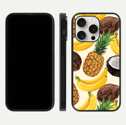 Tropical Fruit Mood Glass Case for iPhone 15 Pro Max front & back layout showing playful tones and clean edge