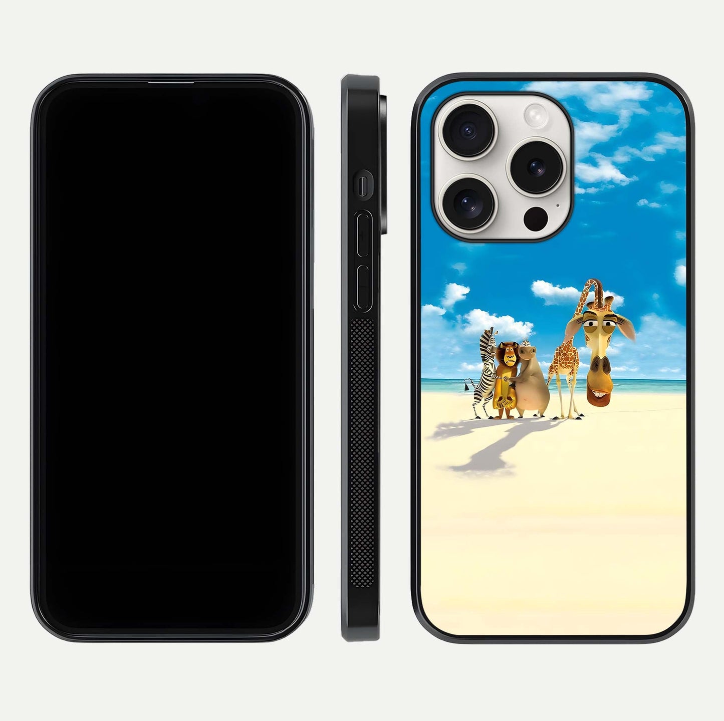 Tropical Fun Squad Glass Case for iPhone 15 Pro Max front & back layout showing fun pattern and smooth edges