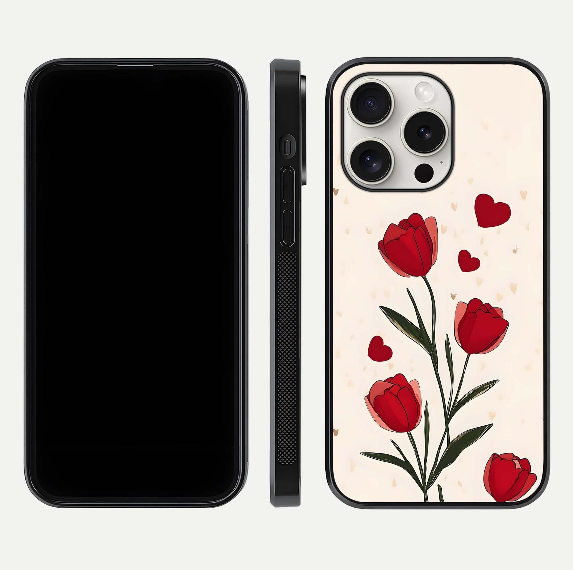 Tulip With Heart Glass Case for iPhone 15 Pro Max front & back layout showing heart motif and elegant gloss finish