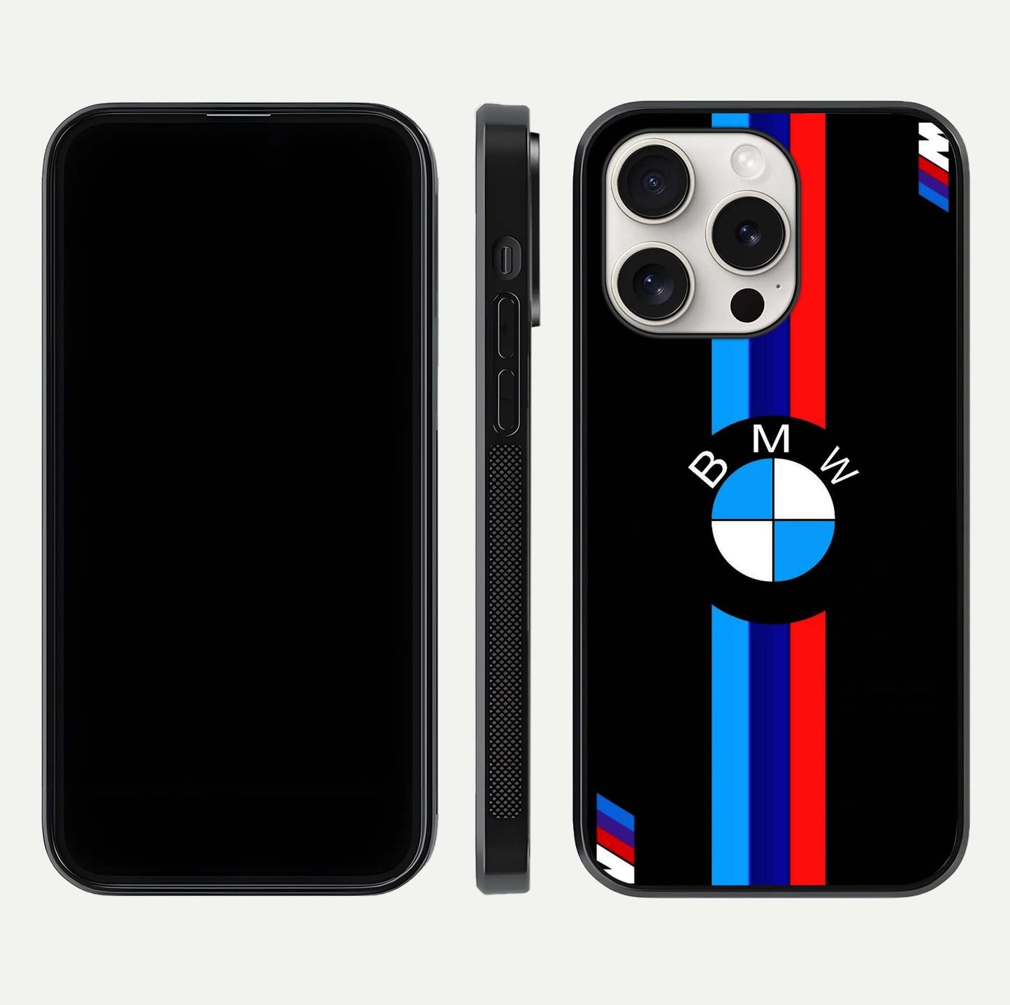 Turbo BMW Beast Glass Case for iPhone 15 Pro Max front & back layout showing bold design and smooth finish