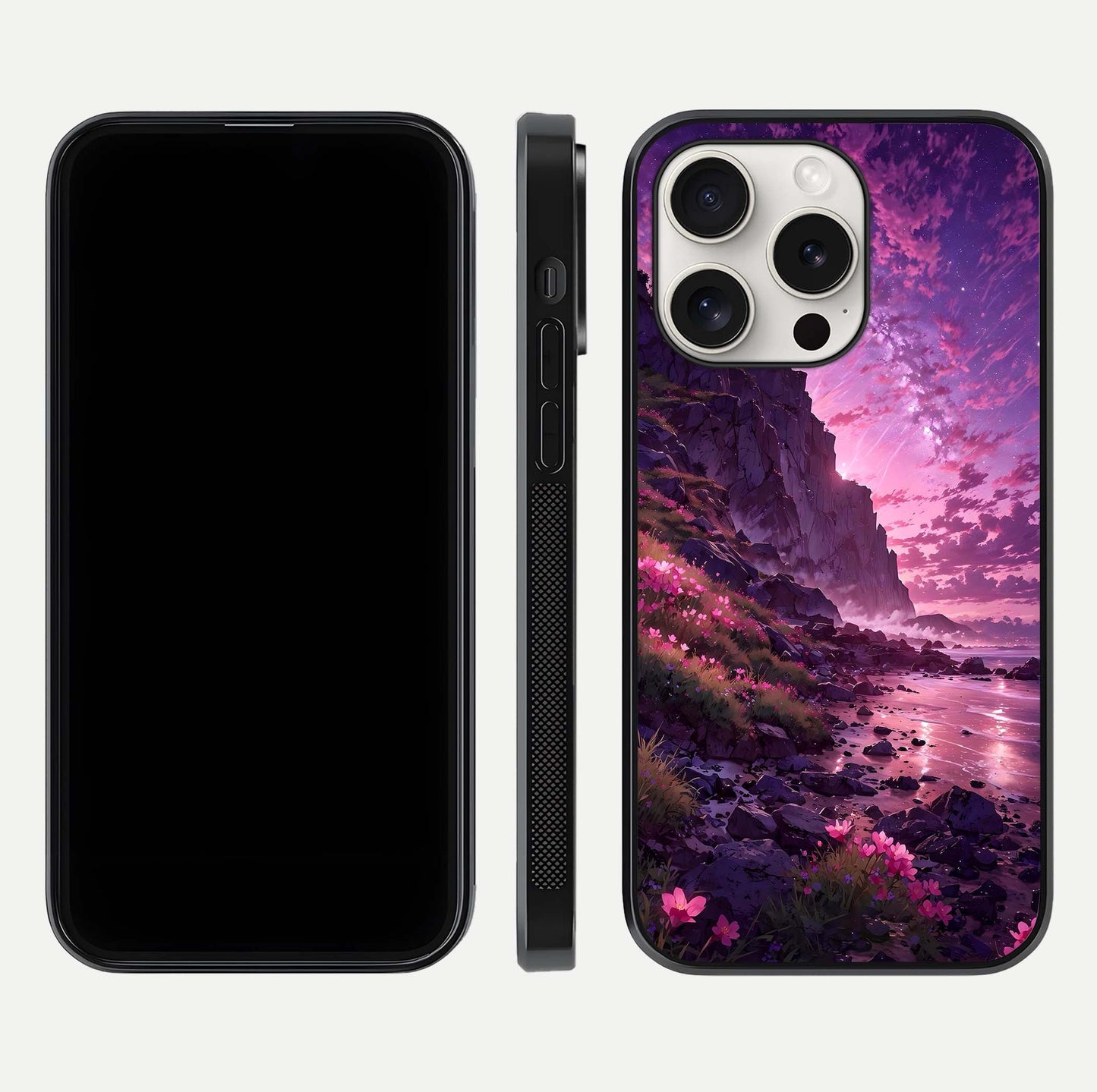 Twilight Blossom Coast Glass Case for iPhone 15 Pro Max front & back layout showing floral tones and curved edge