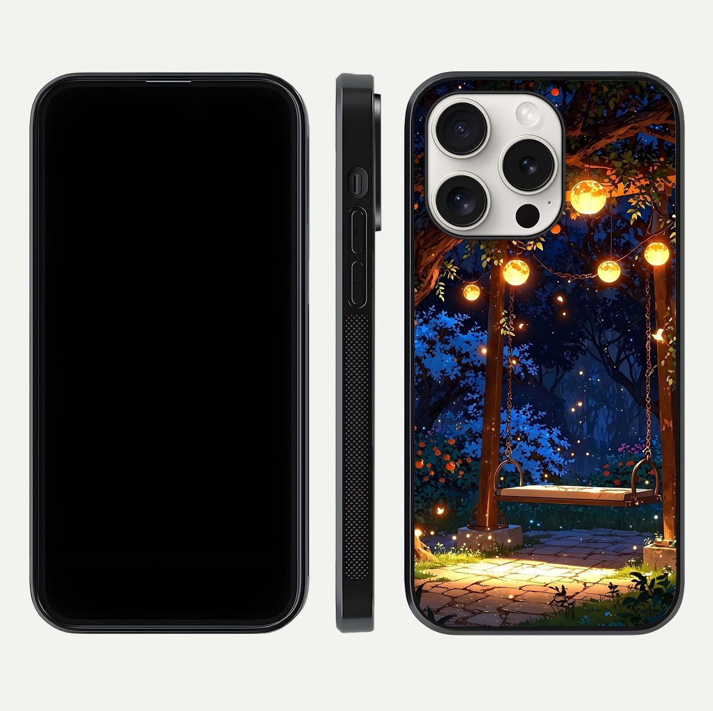 Twilight Garden Swing Glass Case for iPhone 15 Pro Max front & back layout showing garden art and clean edge