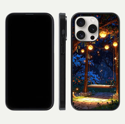 Twilight Garden Swing Glass Case for iPhone 15 Pro Max front & back layout showing garden art and clean edge