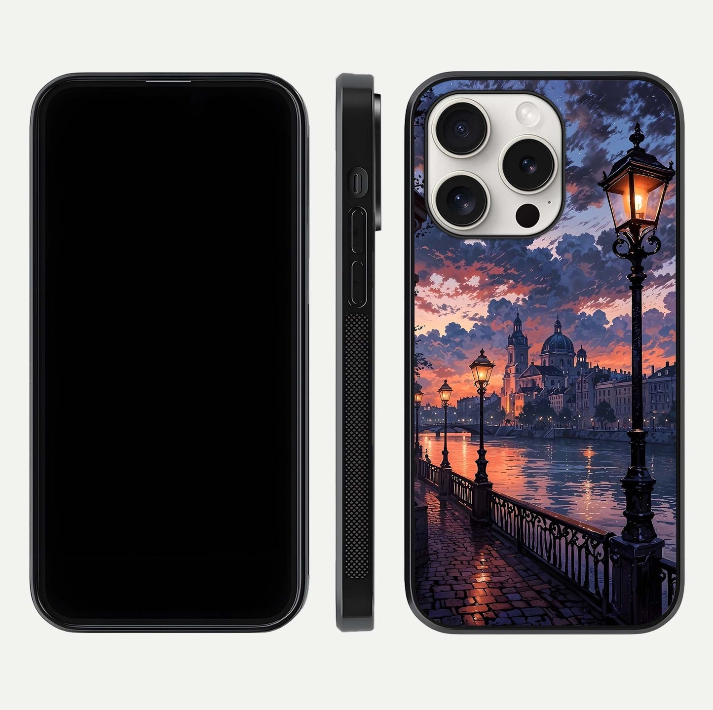 Twilight River Lights Glass Case for iPhone 15 Pro Max front & back layout showing scenic artwork and smooth curved edges