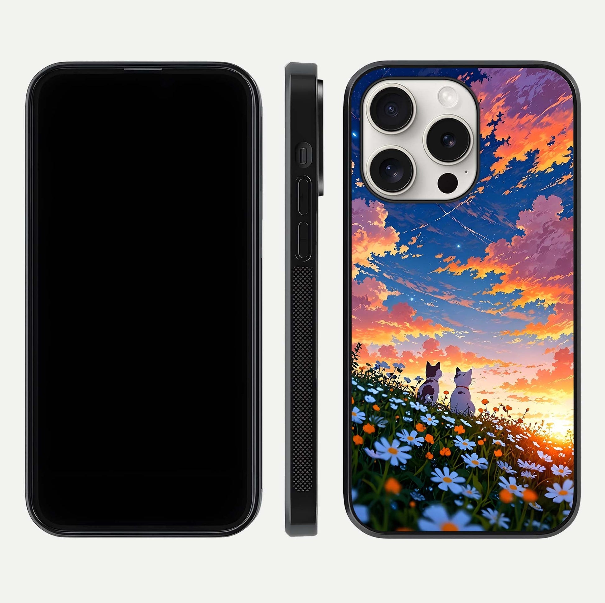 Two Cats Friends Glass Case for iPhone 15 Pro Max front & back layout showing friendly cat theme and edge design
