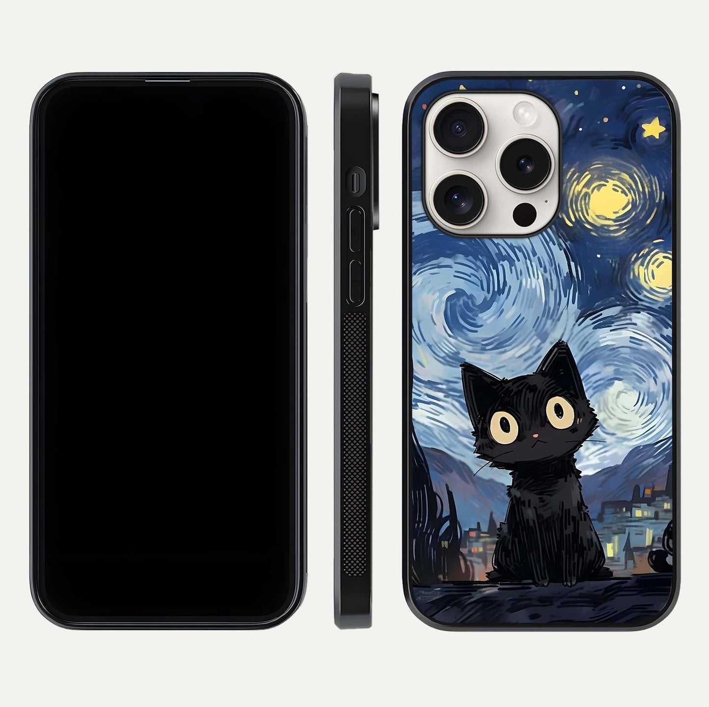 Van Gogh Cat Glass Case for iPhone 15 Pro Max front & back layout showing detailed art print and curved glass edges