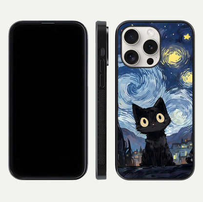 Van Gogh Cat Glass Case for iPhone 15 Pro Max front & back layout showing detailed art print and curved glass edges
