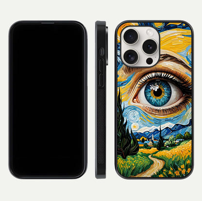 Van Gogh Eye Glass Case for iPhone 15 Pro Max front & back layout showing brushstroke detail and smooth finish