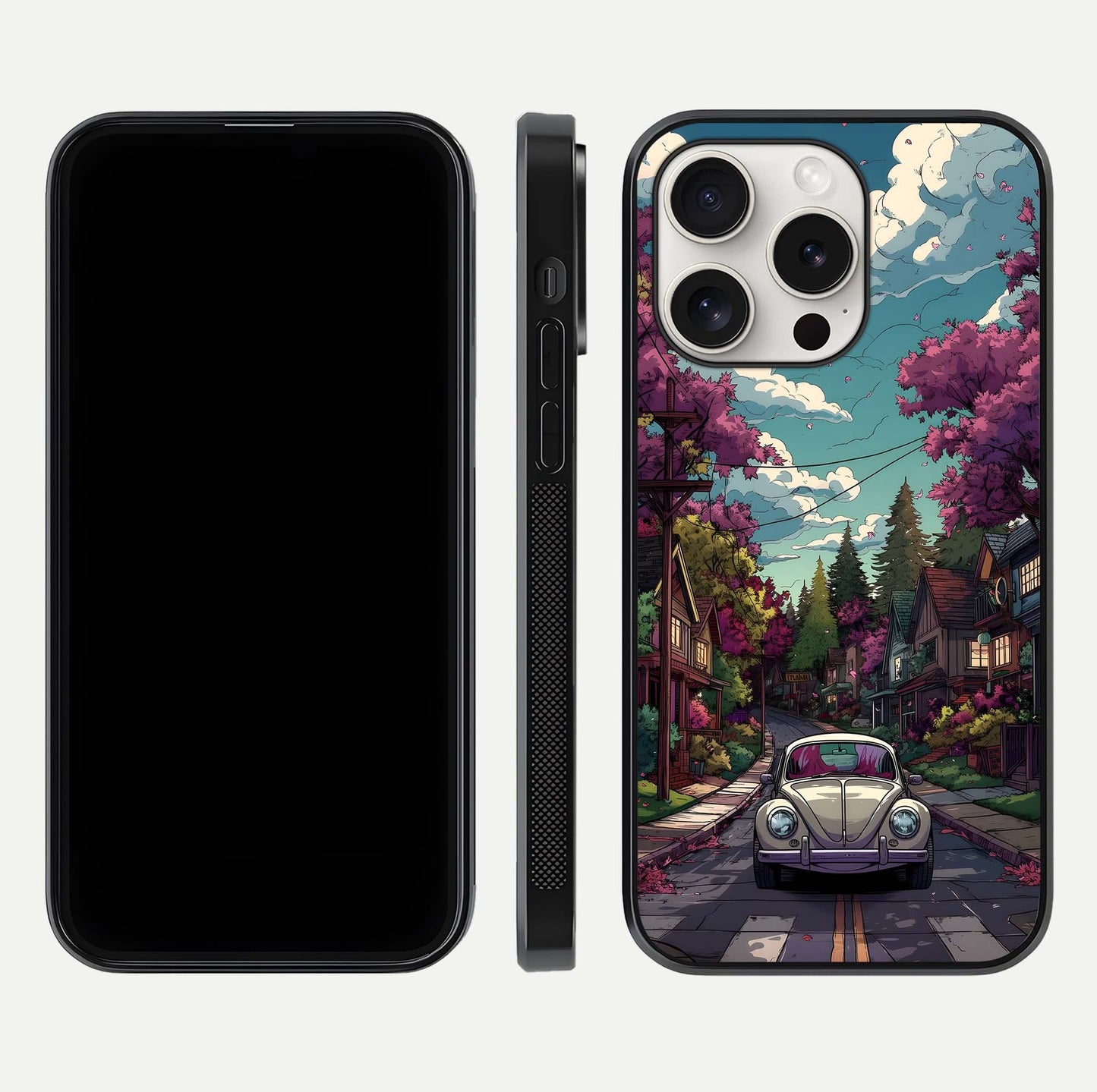 Vintage Street Drive Glass Case for iPhone 15 Pro Max front & back layout showing retro street scene and edges