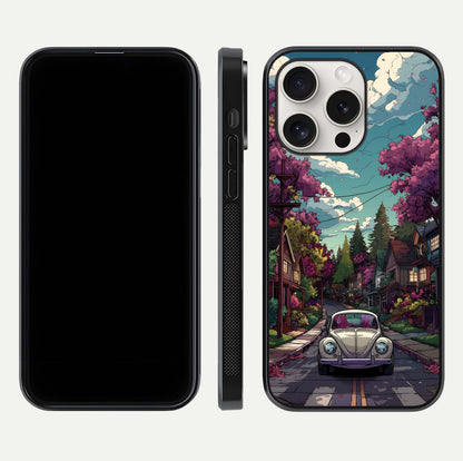 Vintage Street Drive Glass Case for iPhone 15 Pro Max front & back layout showing retro street scene and edges