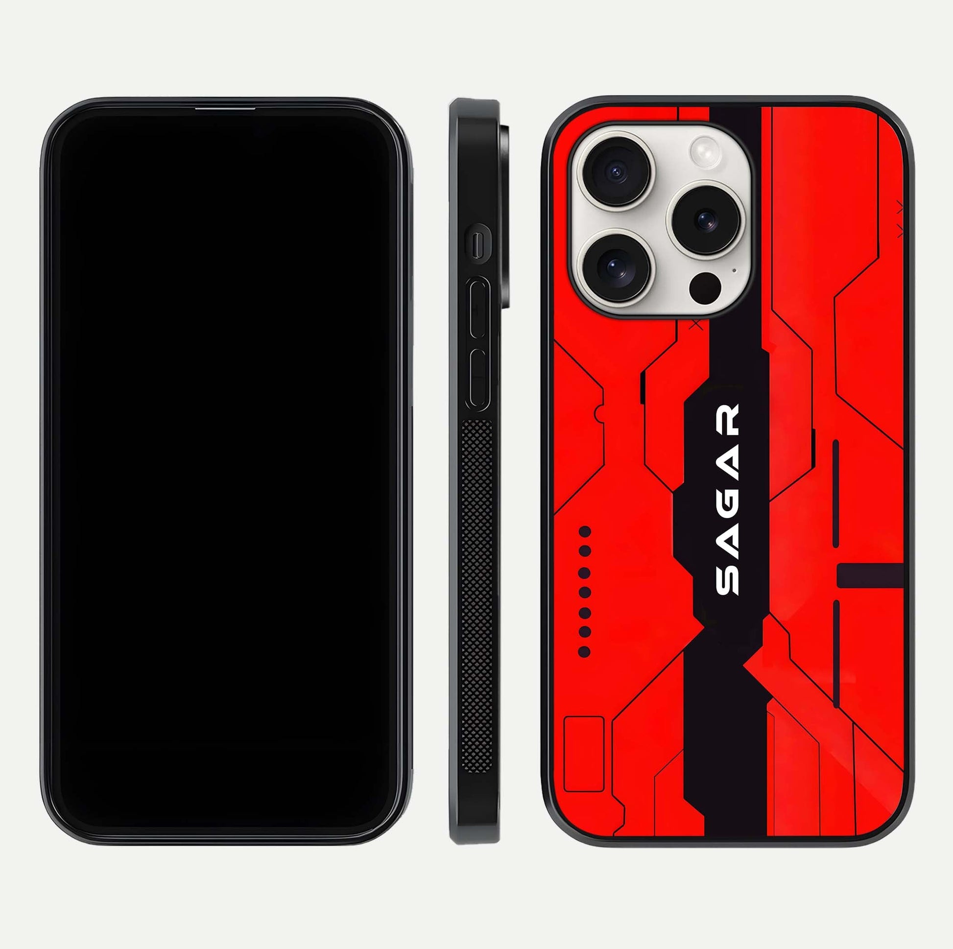 Voltage Rise CYBERPUNK Custom Name Glass Case for iPhone 15 Pro Max front & back layout showing futuristic tones and sleek edge