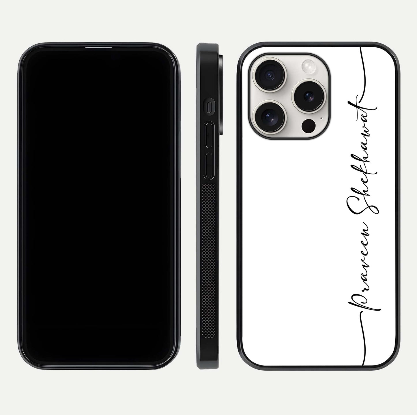 White Tune Custom Name Glass Case for iPhone 15 Pro Max front & back layout showing clean design and text placement