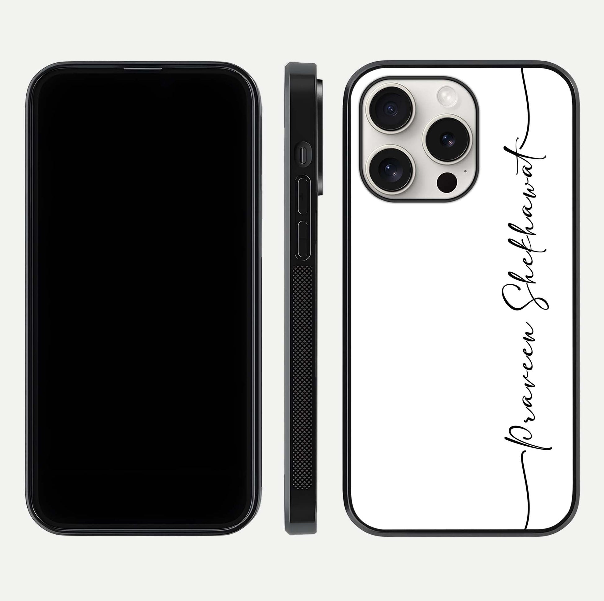 White Tune Custom Name Glass Case for iPhone 15 Pro Max front & back layout showing clean design and text placement