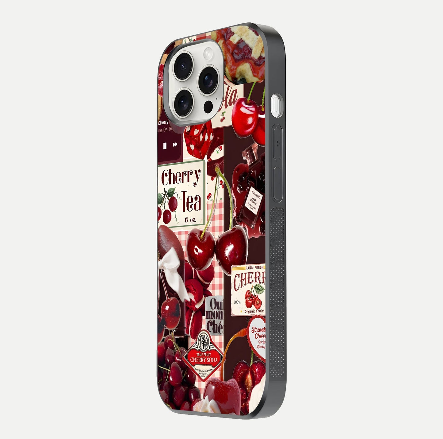 Aesthetic Cherry Tea Glass Case for iPhone 15 Pro Max side-angle image showing cherry collage print, camera module, and glossy finish reflection