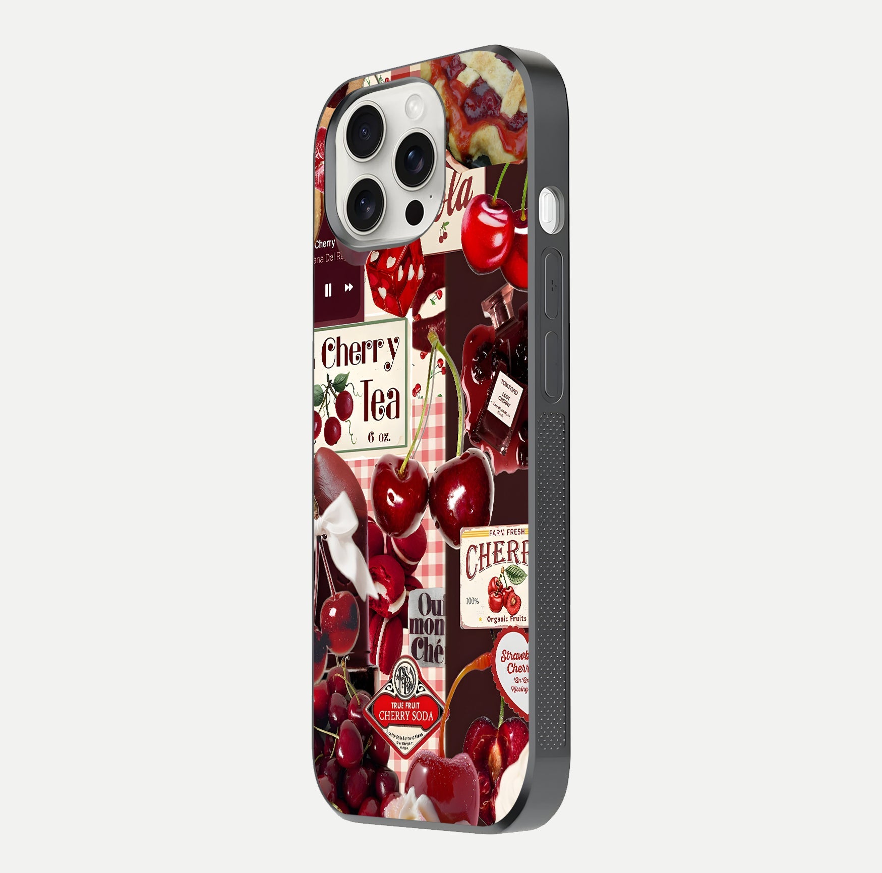 Aesthetic Cherry Tea Glass Case for iPhone 15 Pro Max side-angle image showing cherry collage print, camera module, and glossy finish reflection