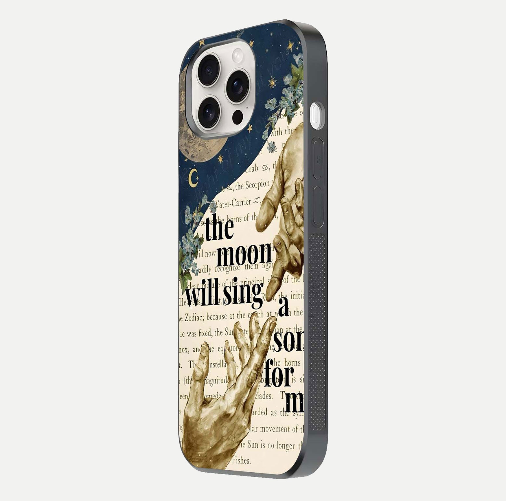 Aesthetic Divine Glass Case for iPhone 15 Pro Max side-angle image showing divine abstract design, camera module, and glossy finish reflection