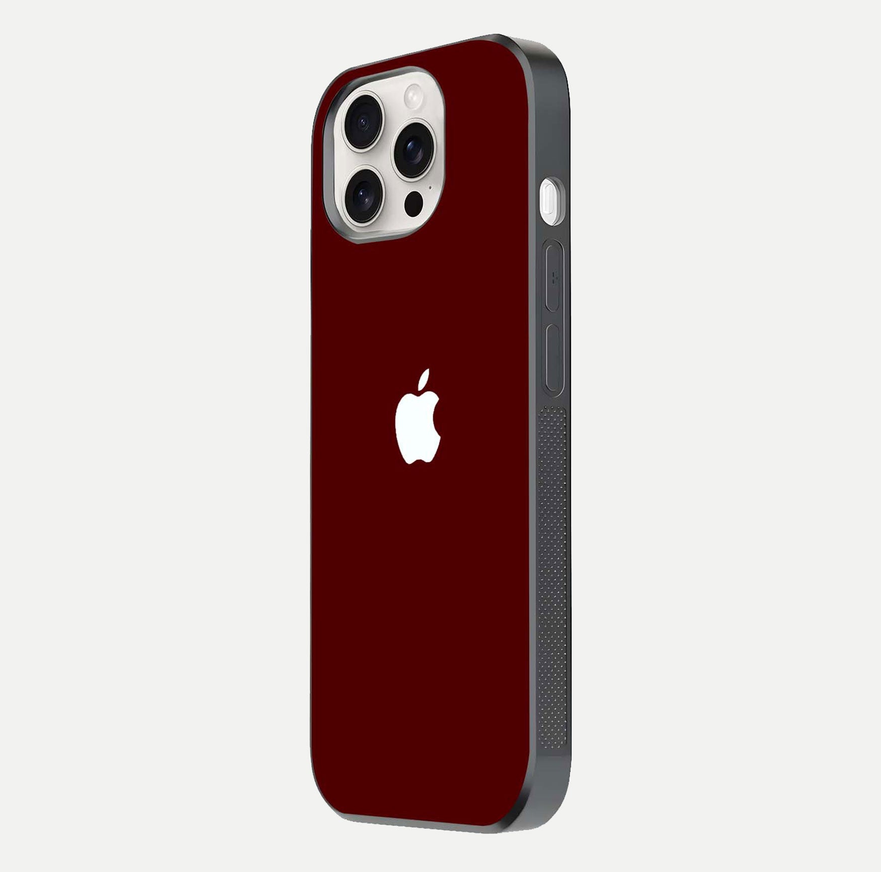 Apple Crimson Core Glass Case for iPhone 15 Pro Max side-angle shot showing camera bump alignment and glossy shine