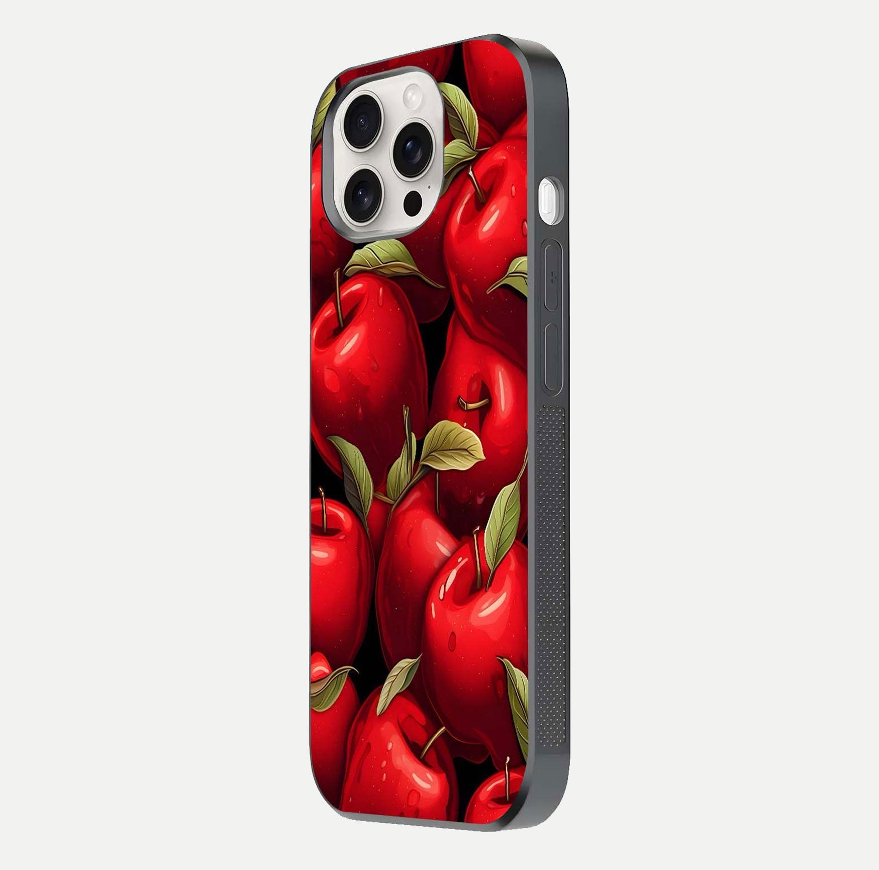 Apple Pattern Glass Case for iPhone 15 Pro Max side-angle image showcasing minimalist apple print and gloss reflection