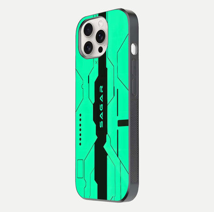 Aqua Tech CYBERPUNK Custom Name Glass Case for iPhone 15 Pro Max side-angle image with glowing edges and glossy surface