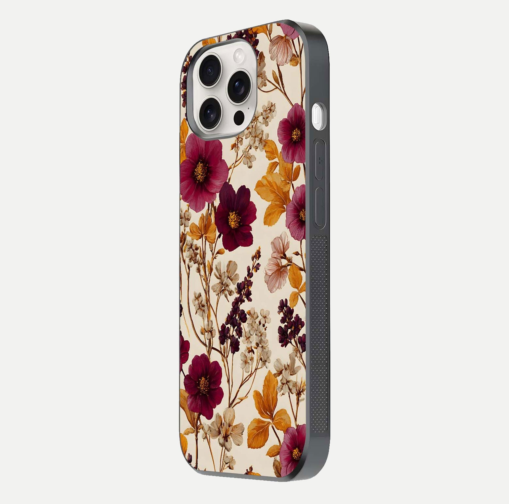 Autumn Wine Bloom Glass Case for iPhone 15 Pro Max side-angle showcasing floral design, texture gloss, and camera frame