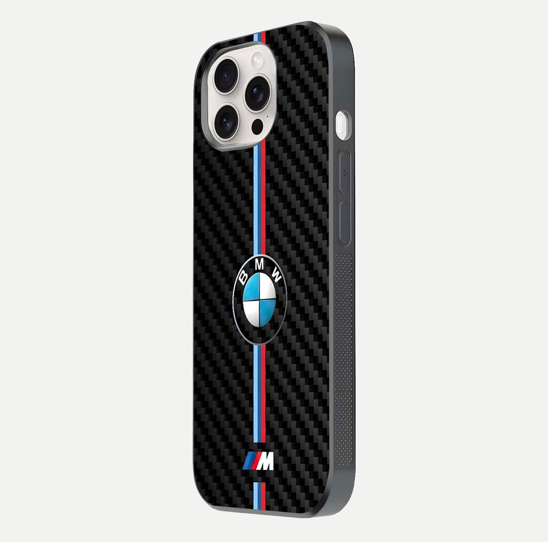 BMW Pattern Glass Case for iPhone 15 Pro Max side-angle image showing edge finish and luxury car-inspired shine