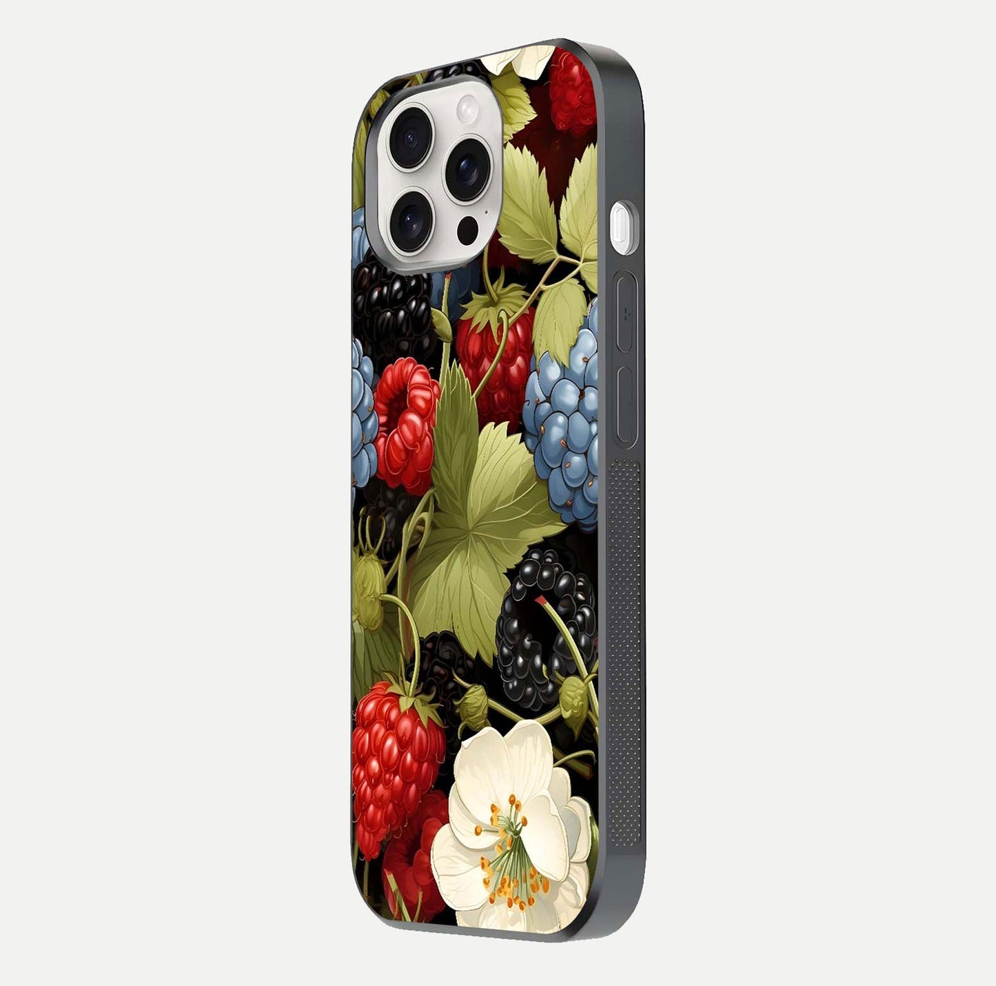 Berry Bloom Charm Glass Case for iPhone 15 Pro Max side-angle image showing floral texture and high-definition print gloss