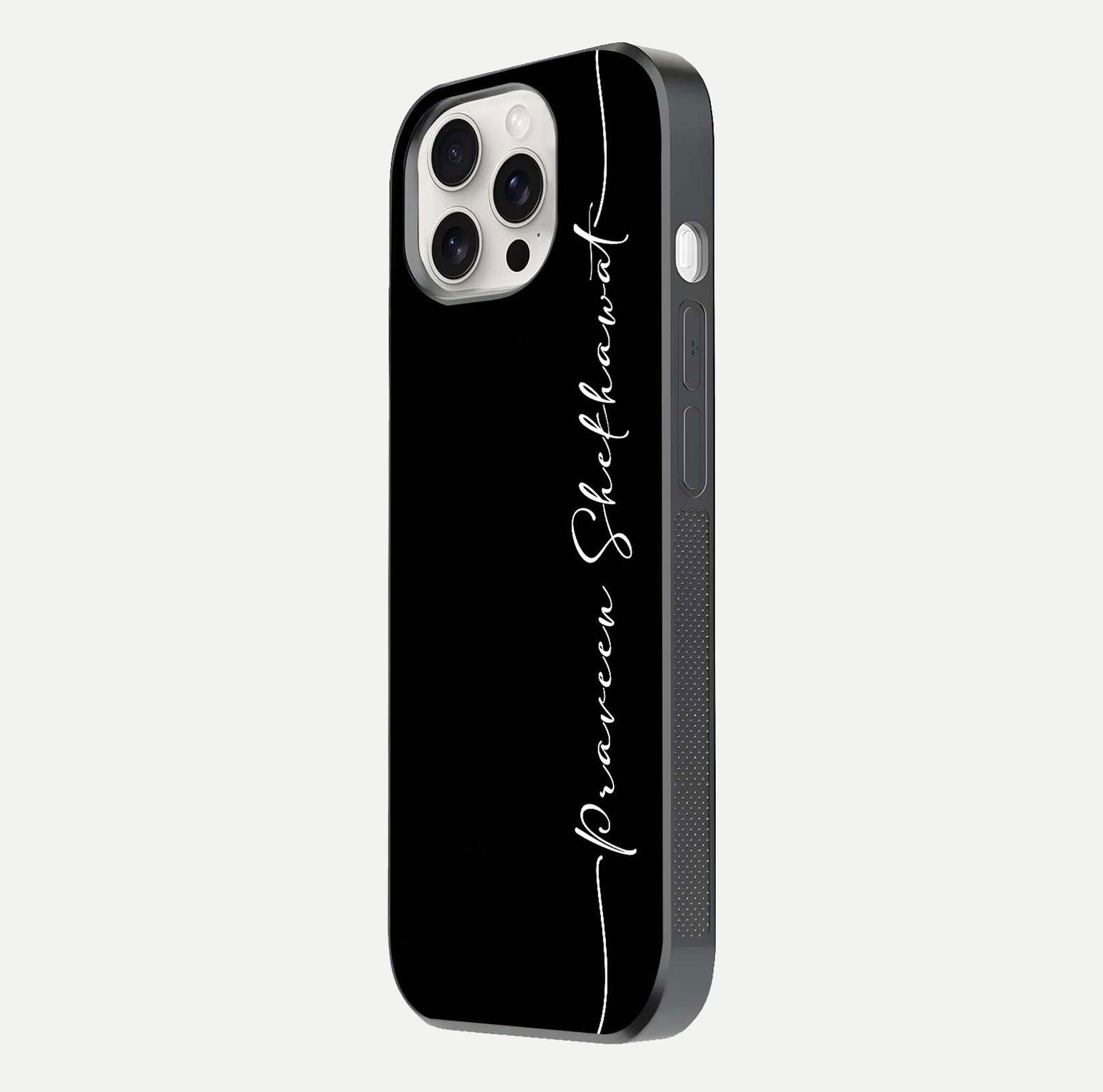 Black Tune Custom Name Glass Case for iPhone 15 Pro Max side-angle photo showing mirror-like surface and slim profile