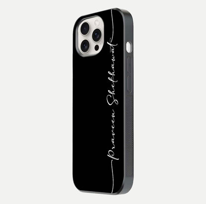 Black Tune Custom Name Glass Case for iPhone 15 Pro Max side-angle photo showing mirror-like surface and slim profile