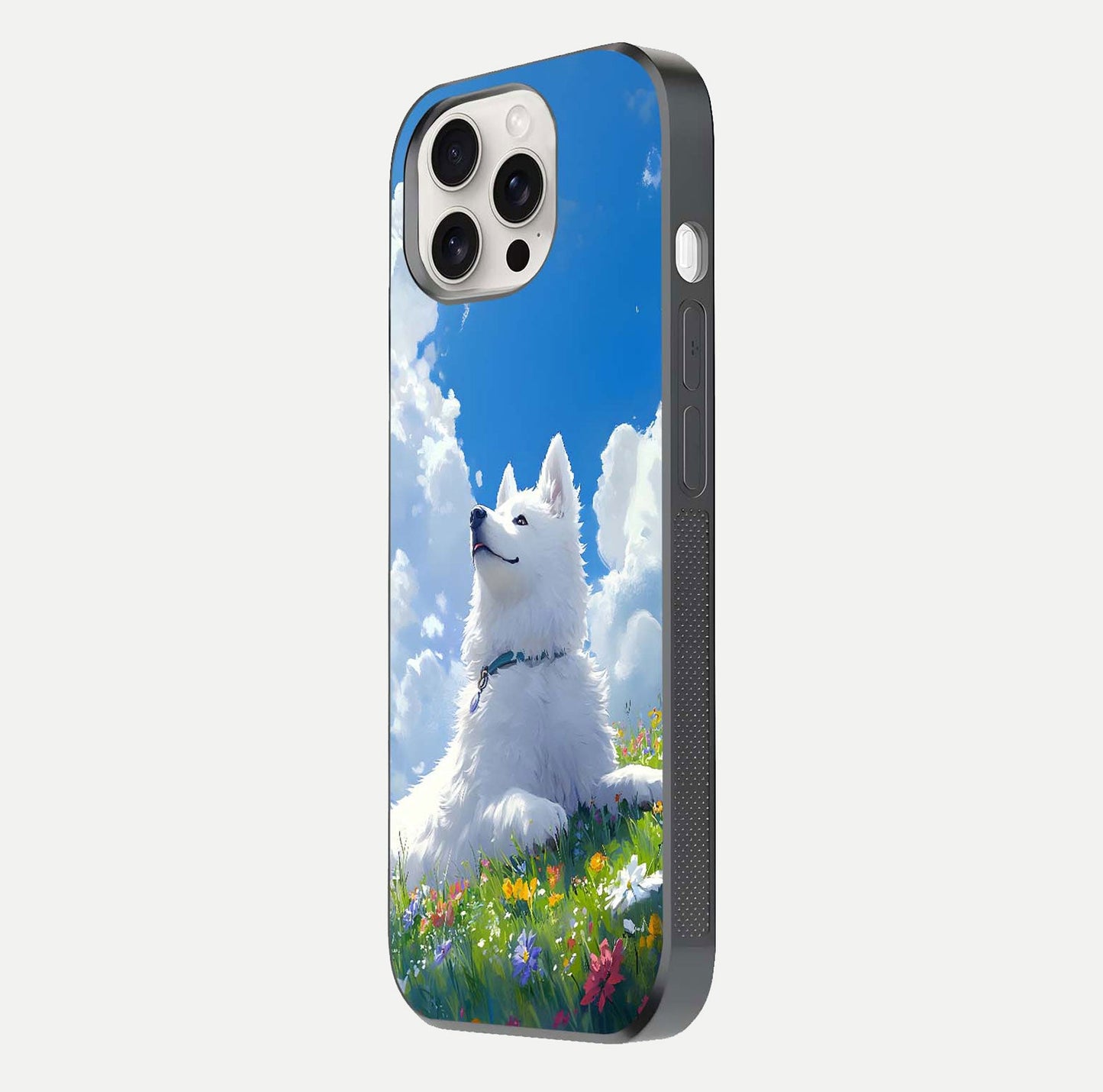 Blissful Cloud Pup Glass Case for iPhone 15 Pro Max side-angle shot displaying puppy print and glossy texture