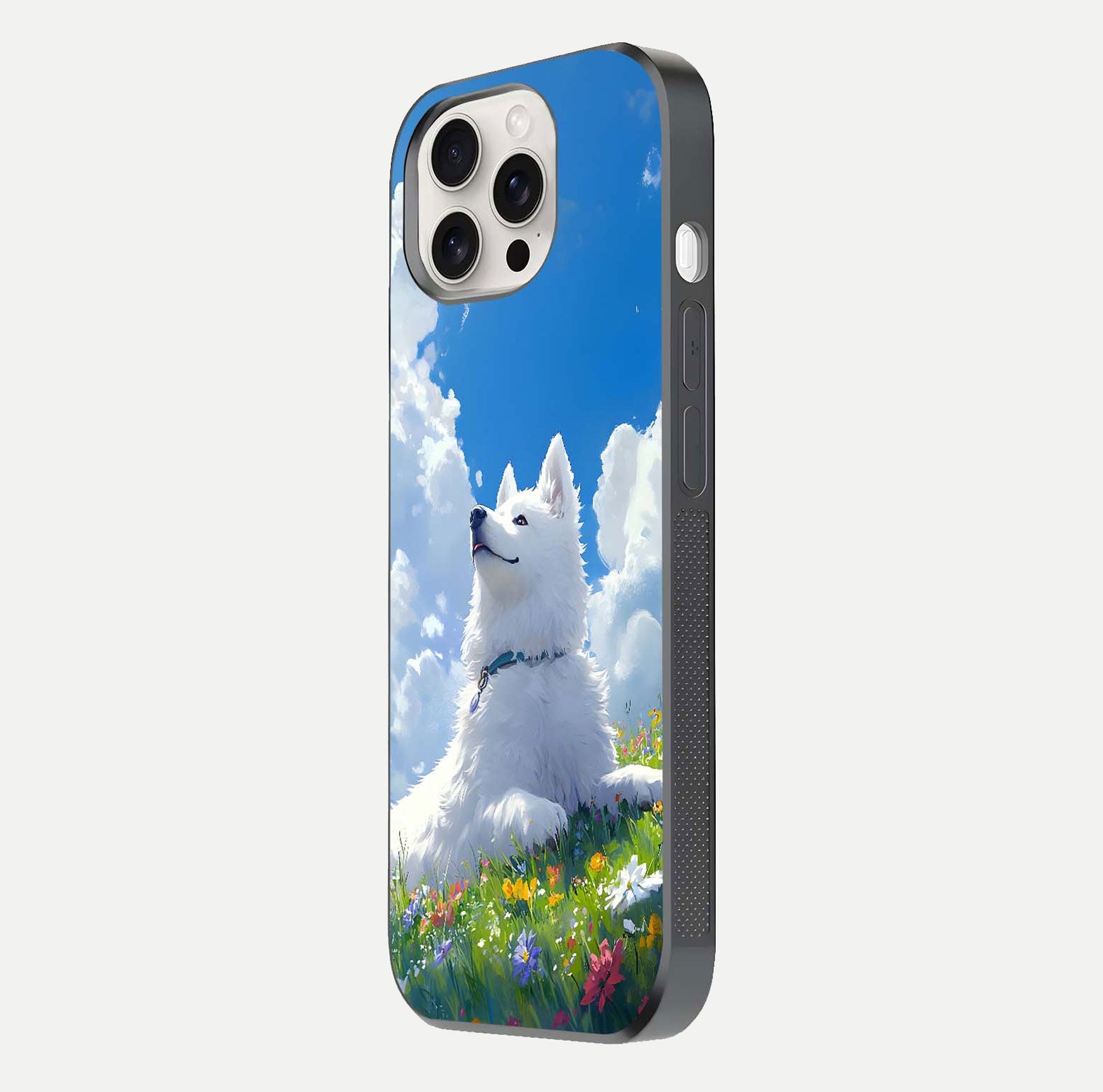 Blissful Cloud Pup Glass Case for iPhone 15 Pro Max side-angle shot displaying puppy print and glossy texture