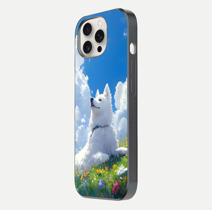 Blissful Cloud Pup Glass Case for iPhone 15 Pro Max side-angle shot displaying puppy print and glossy texture