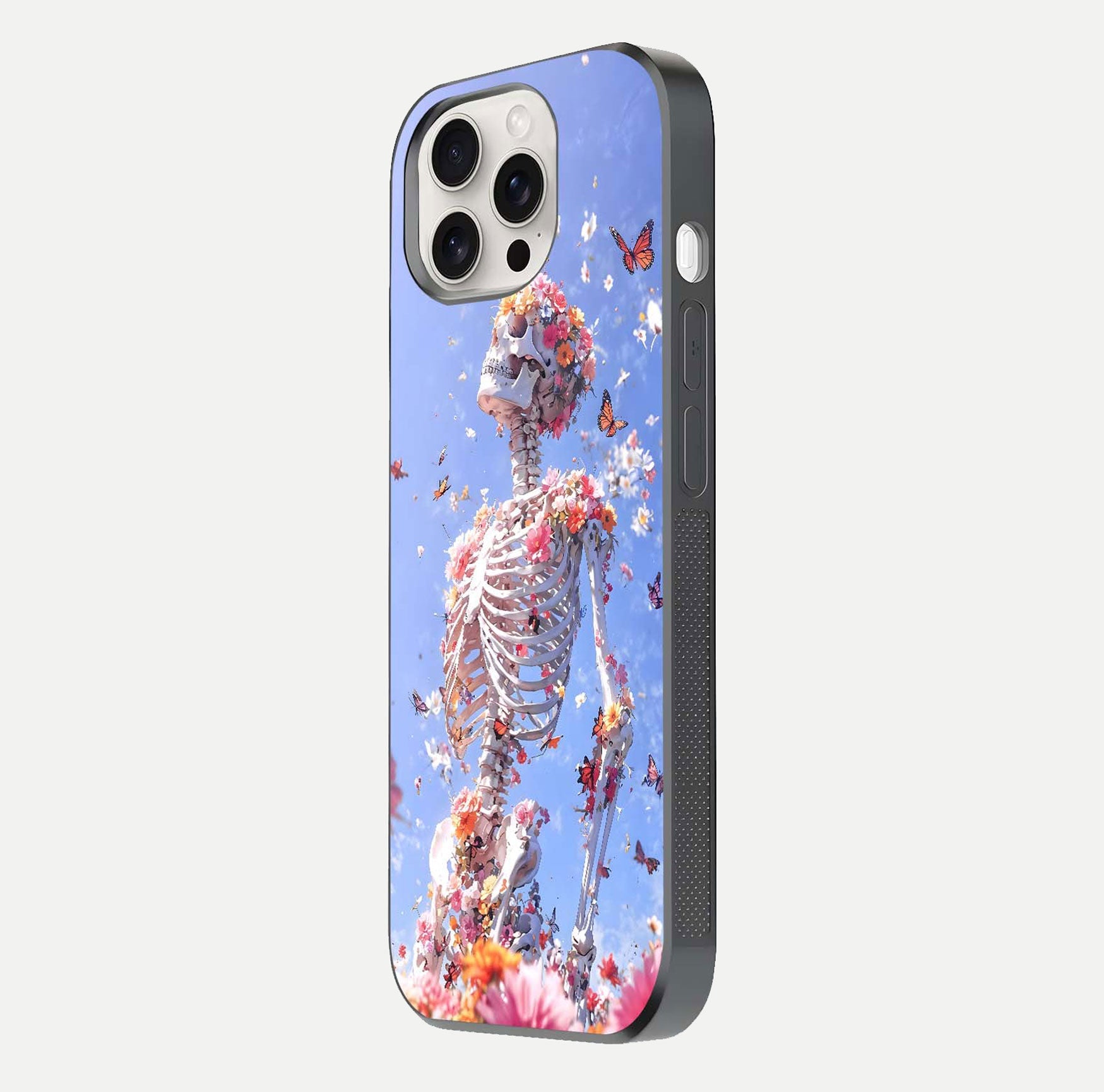 Bloom Beyond Bones Glass Case for iPhone 15 Pro Max side-angle image highlighting print precision and gloss finish