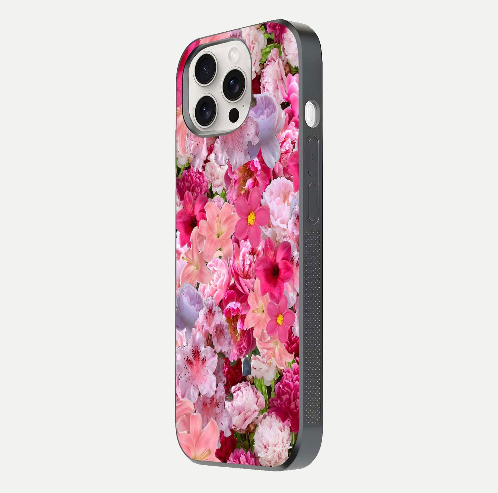 Bloom Crush Fantasy Glass Case for iPhone 15 Pro Max side-angle shot with fantasy bloom art and gloss surface