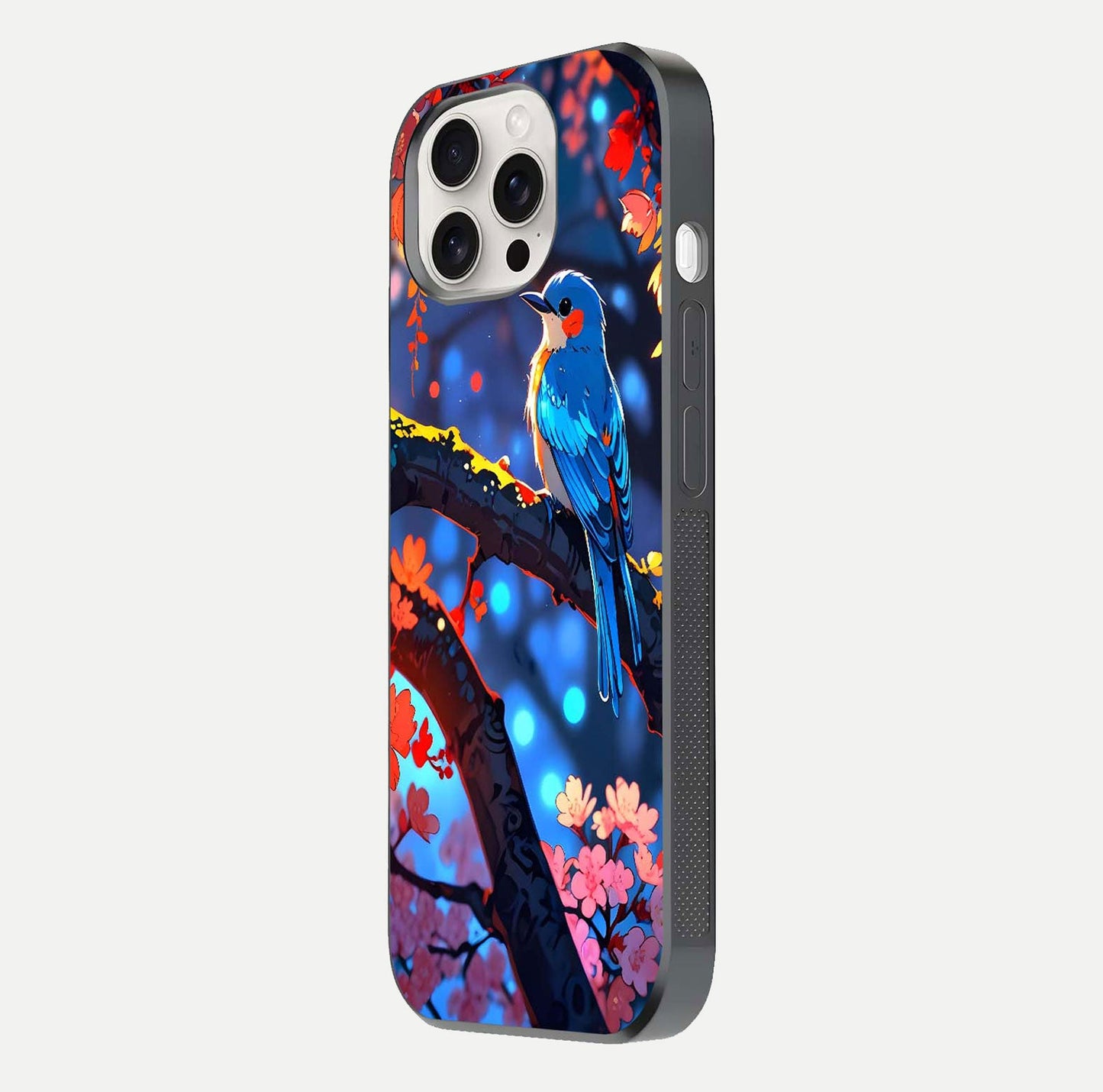 Blooming Spendor Bird Glass Case for iPhone 15 Pro Max side-angle photo showing floral wings and reflection finish