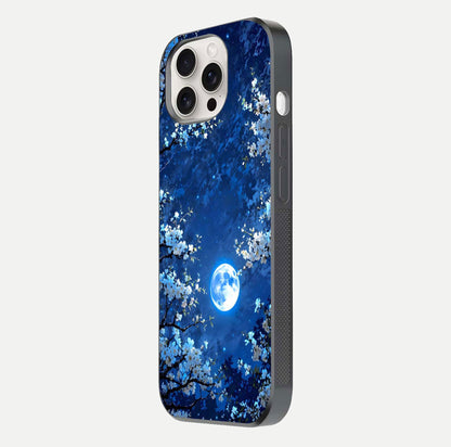 Blossom Moonlight Sky Glass Case for iPhone 15 Pro Max side-angle view emphasizing moonlight tones and protective edge
