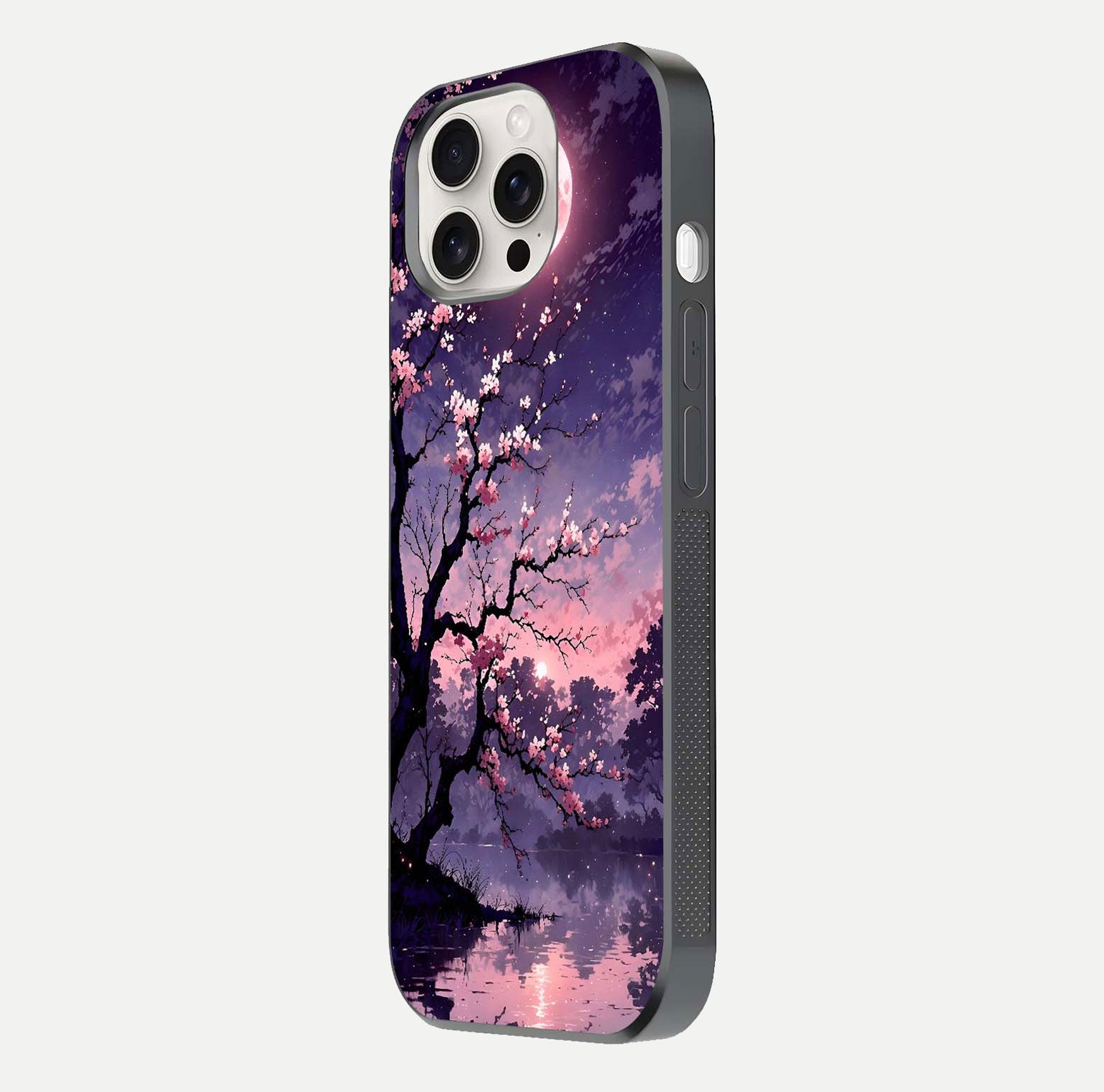 Blossom Pink Moon Glass Case for iPhone 15 Pro Max side-angle image showing glossy curve and floral-moon balance
