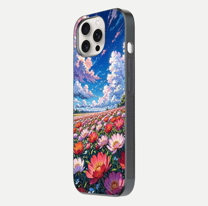 Blossom Sky Field Glass Case for iPhone 15 Pro Max side-angle showing sky hues, blossom texture, and reflective shine