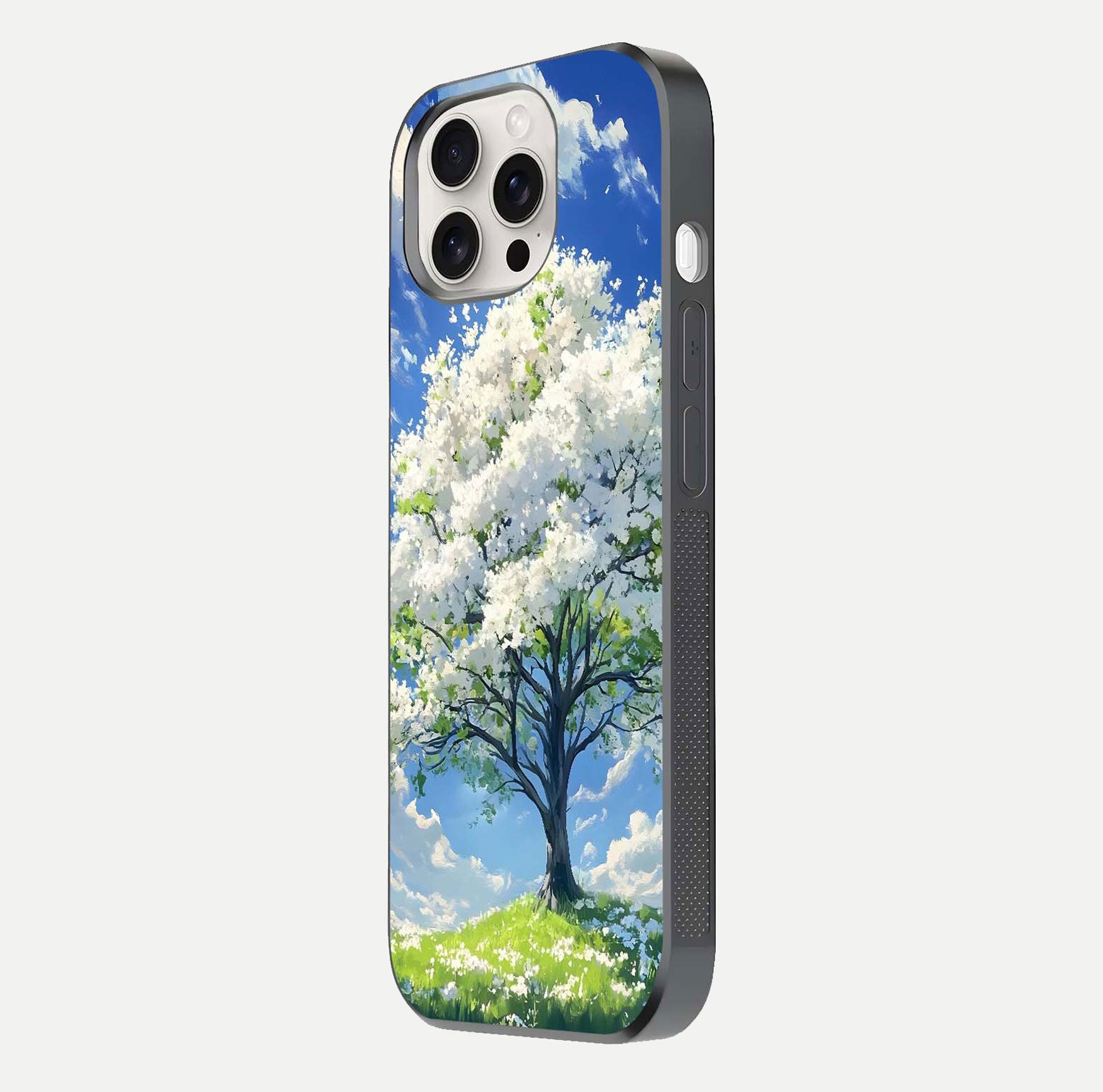 Blossom Sky Serenity Glass Case for iPhone 15 Pro Max side-angle image showing elegant edge flow and light reflection