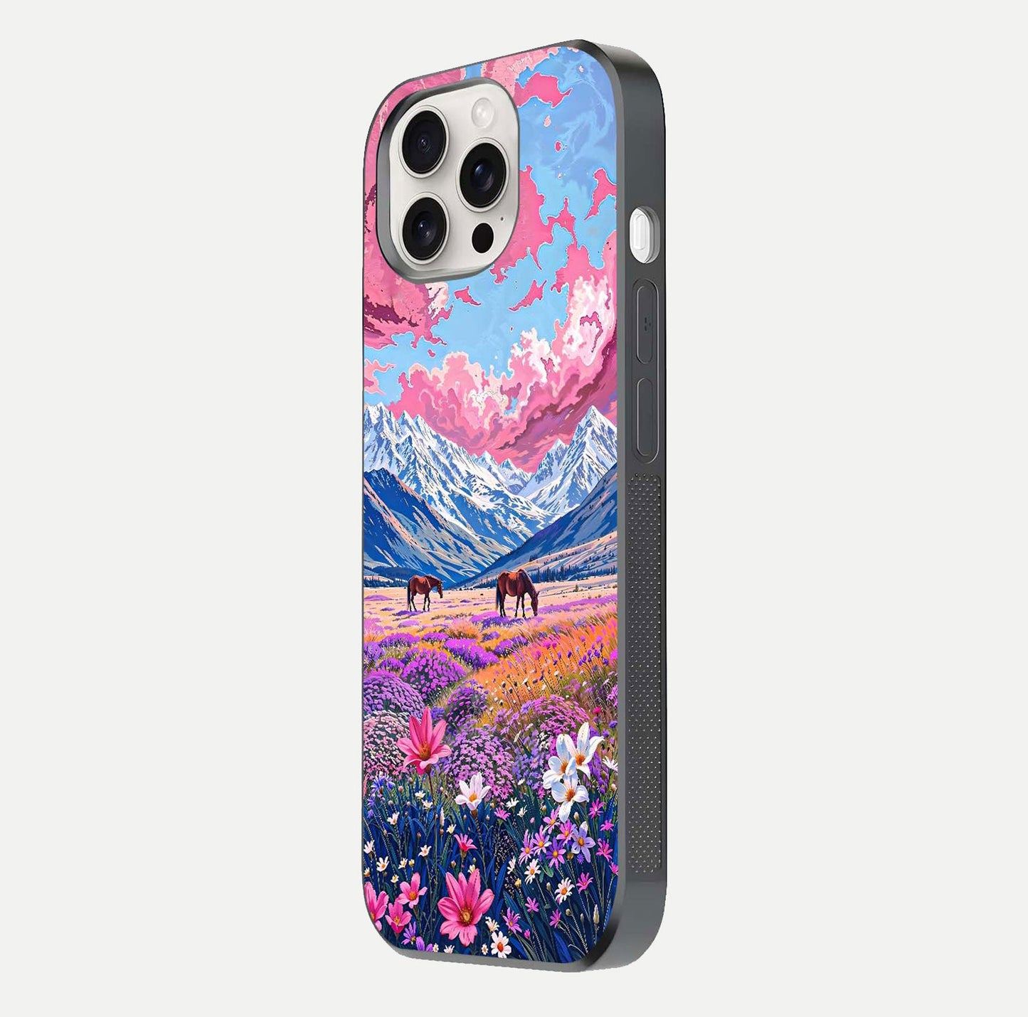 Blossom Valley Dream Glass Case for iPhone 15 Pro Max side-angle shot showcasing bloom tones and gloss texture