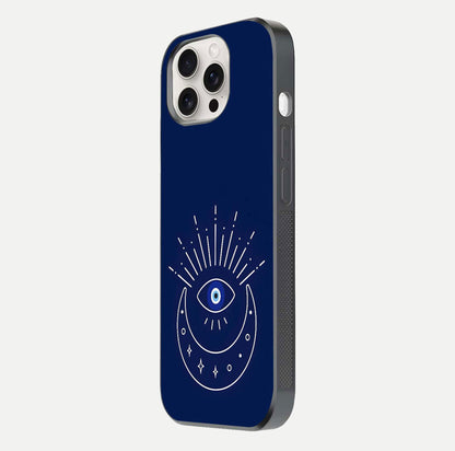 Blue Evil Eye Glass Case for iPhone 15 Pro Max side-angle view showing edge glow, color balance, and reflective surface