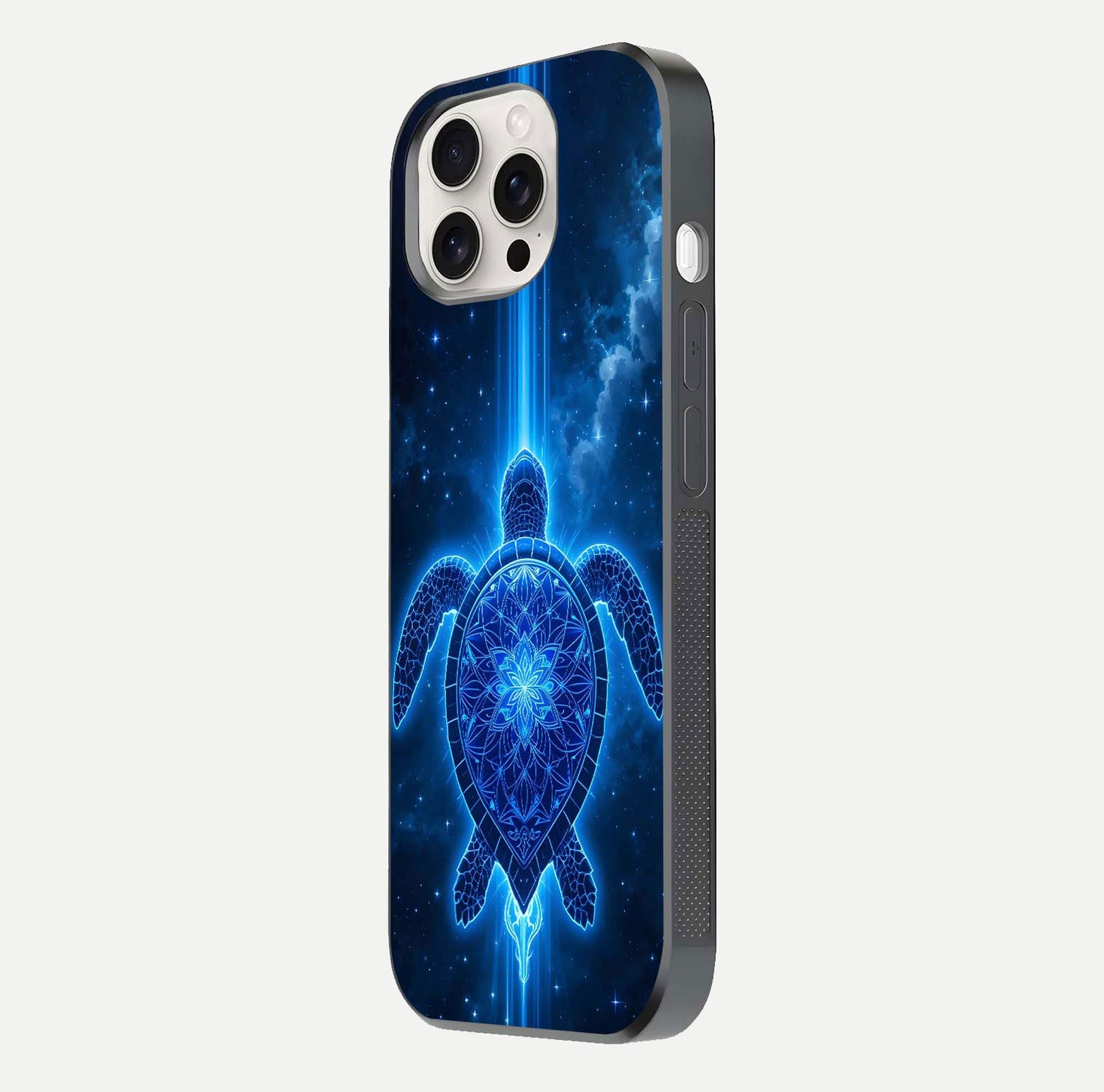 Blue Galaxy Turtle Glass Case for iPhone 15 Pro Max side-angle photo capturing galaxy shine and smooth edge design