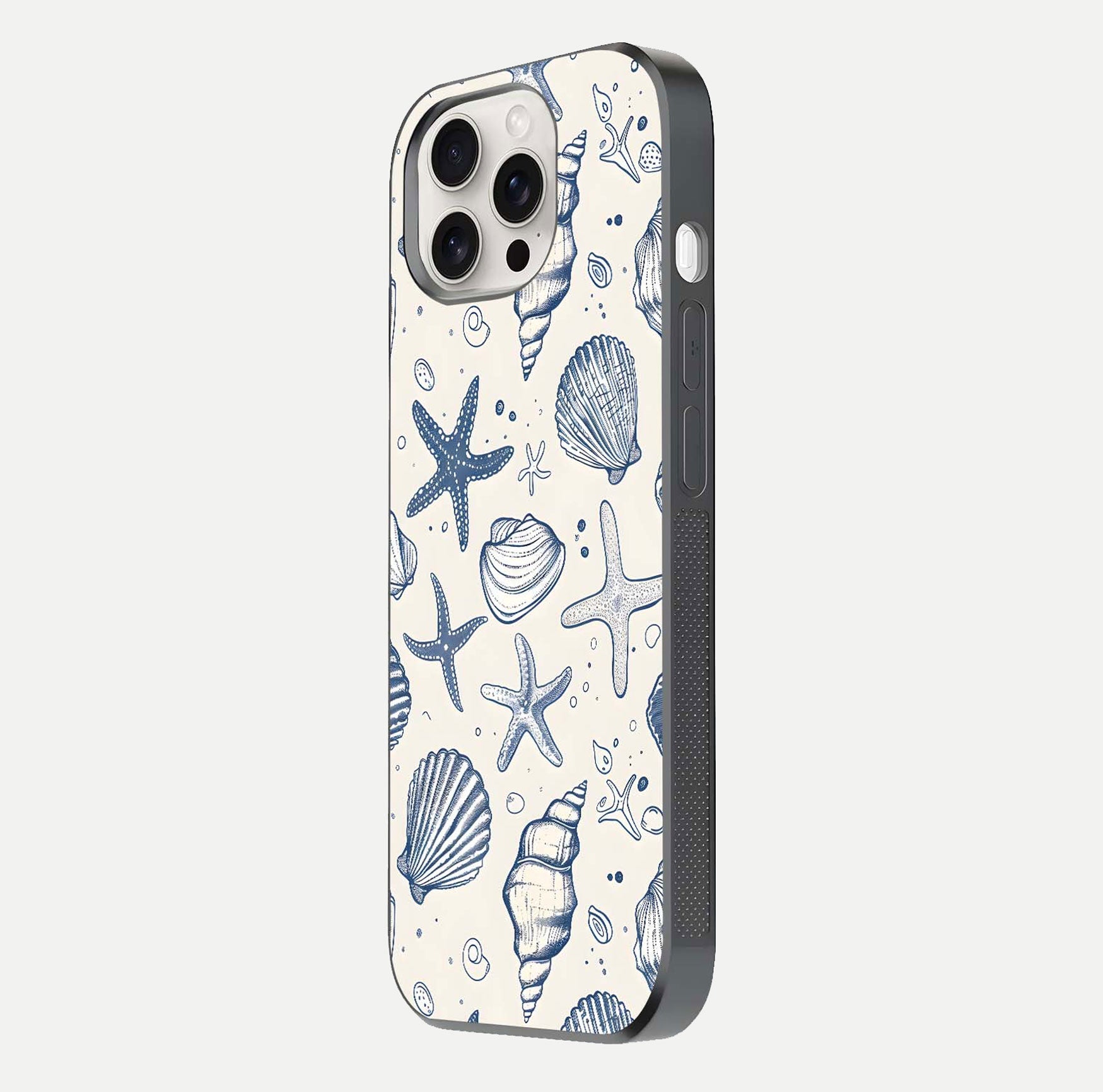 Blue Ocean Outline Glass Case for iPhone 15 Pro Max side-angle view showing clear edge lines and oceanic blue glow