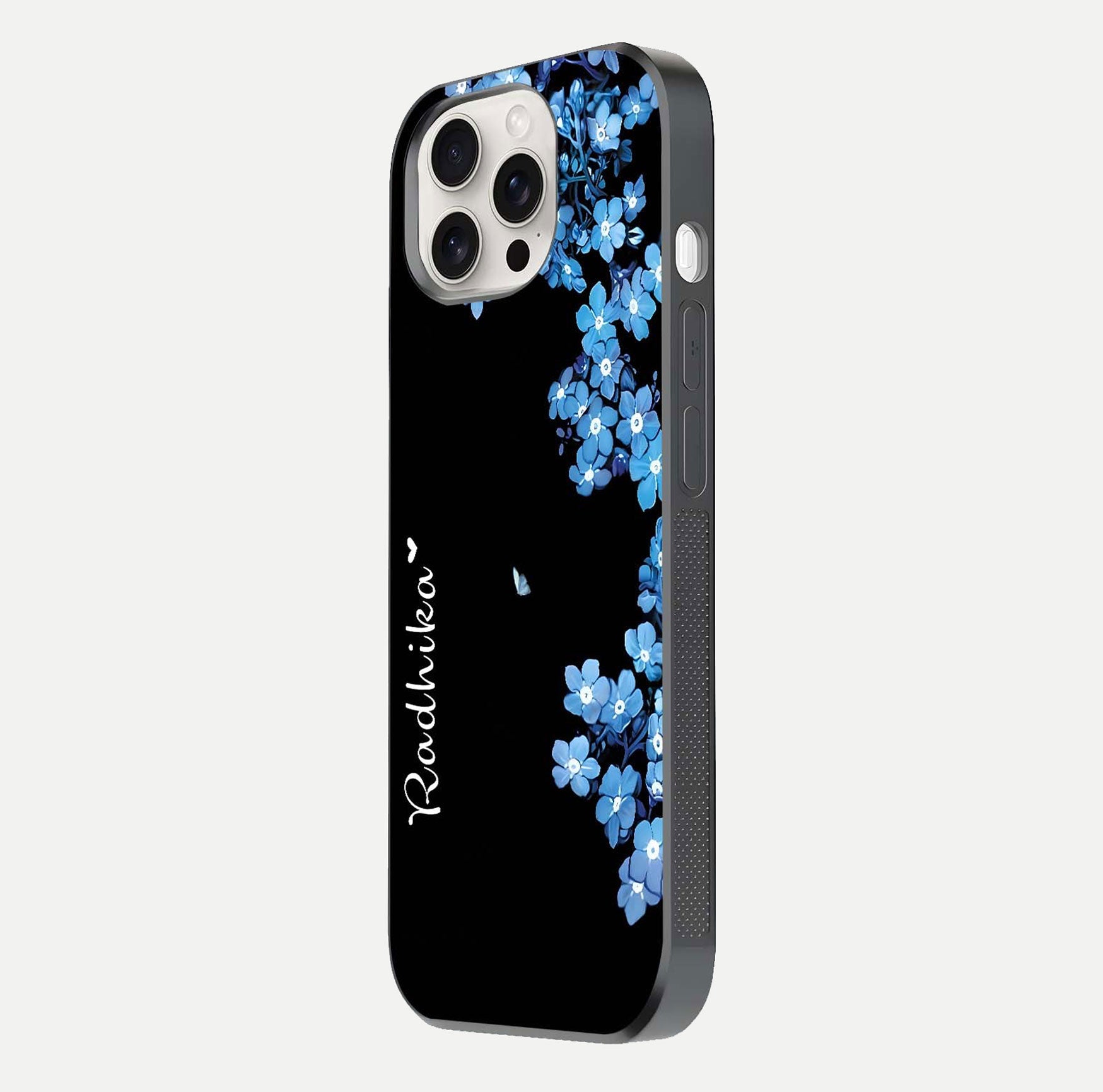 Blue Petal Dream Custom Name Glass Case for iPhone 15 Pro Max side-angle image showing name print clarity and smooth gloss