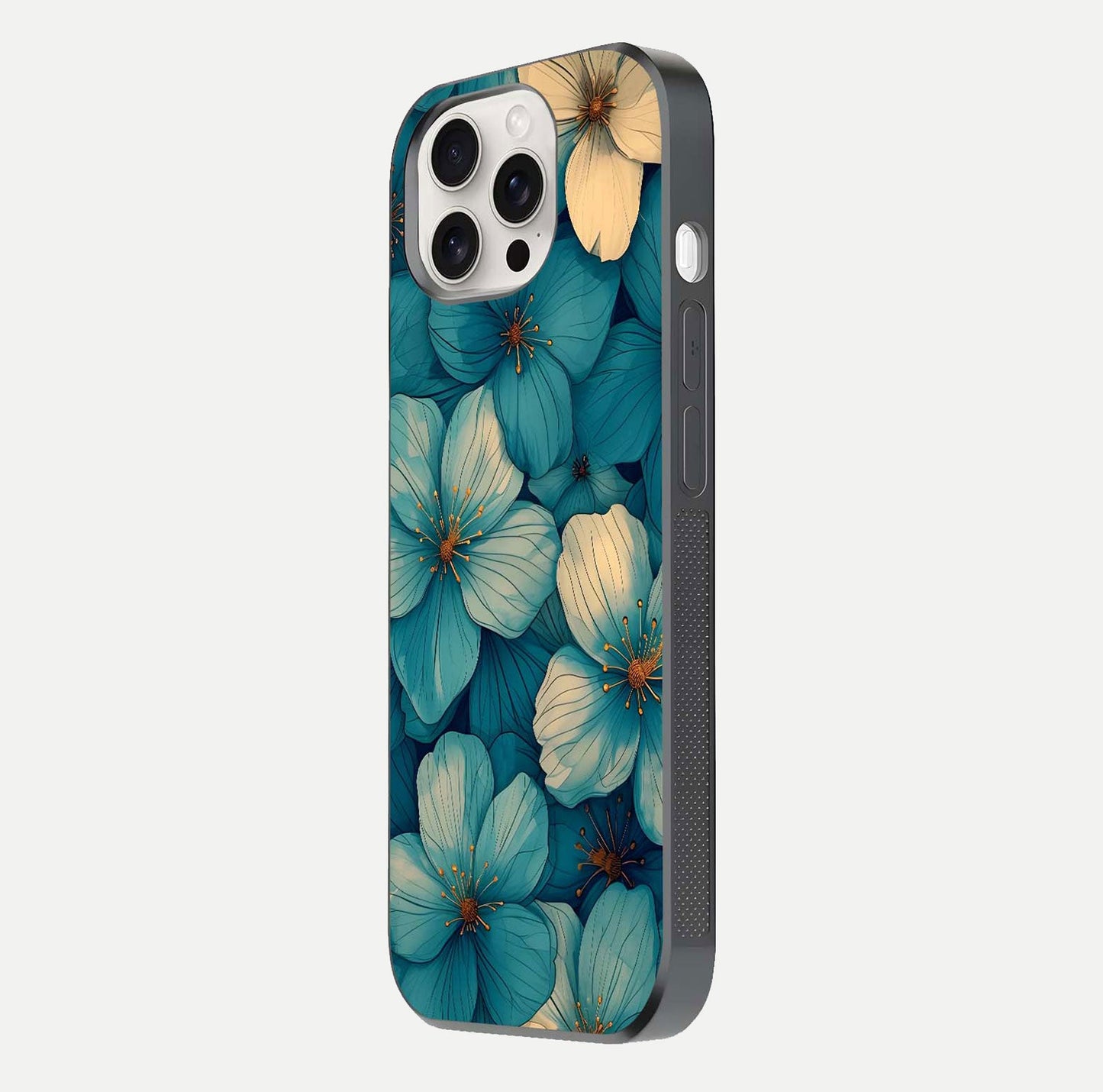 Blue Shade Floral Glass Case for iPhone 15 Pro Max side-angle photo showing detailed floral hues and curved glass shine
