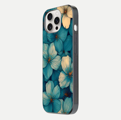 Blue Shade Floral Glass Case for iPhone 15 Pro Max side-angle photo showing detailed floral hues and curved glass shine